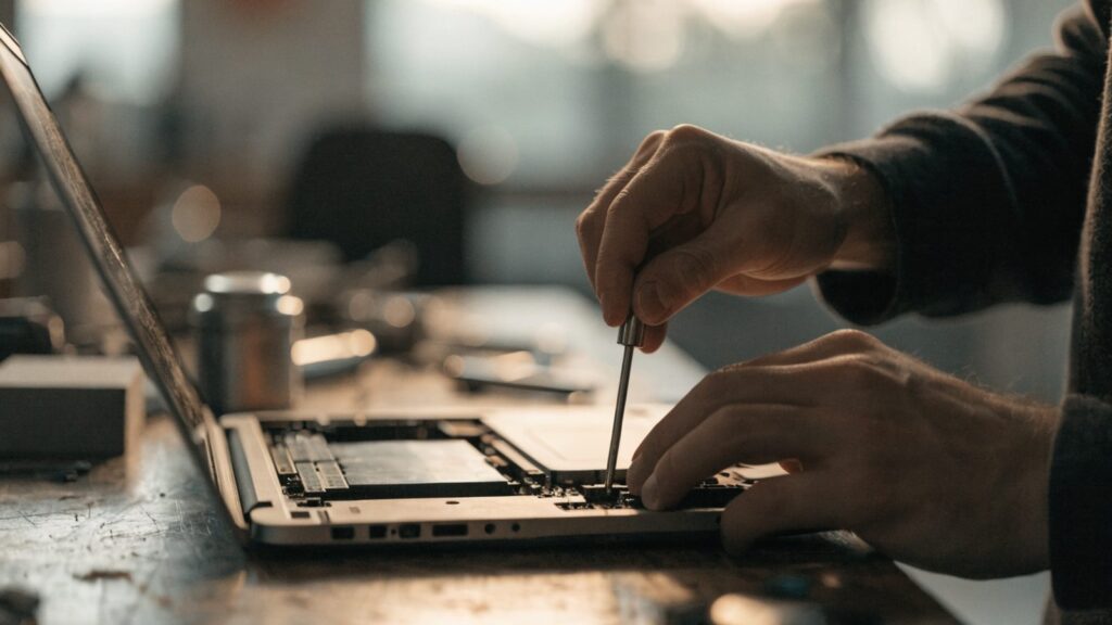 A technician's hands holding a small screwdriver over an opened silver laptop with internal components visible