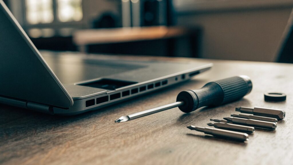 A precision screwdriver kit laid out beside a partially opened graphite black laptop on a wooden desk