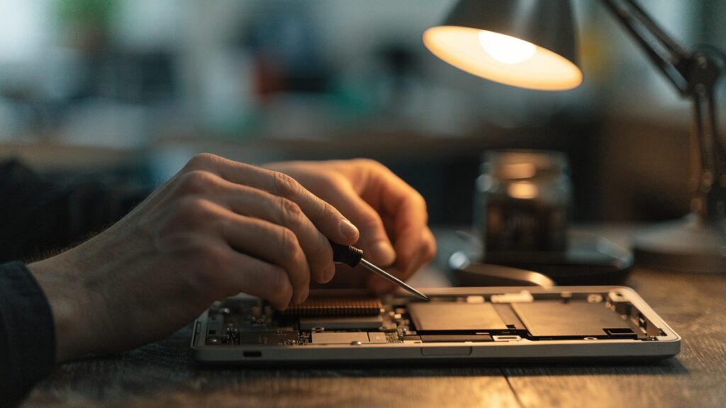 A technician's hands holding a small screwdriver over an opened silver laptop with internal components visible