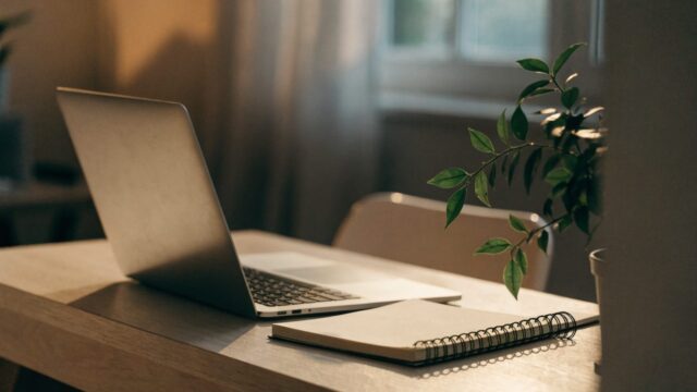 A tidy home office desk with a silver laptop
