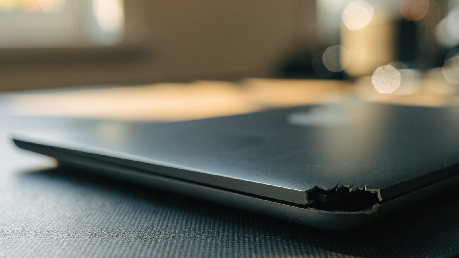 Close-up of a cracked corner on a closed graphite black laptop on a dark desk mat
