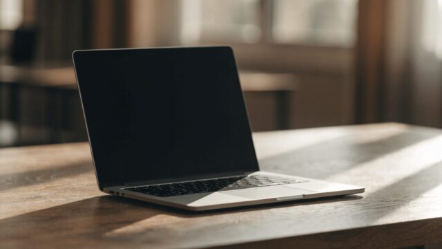 A silver laptop on a wooden desk with a completely dark blank screen