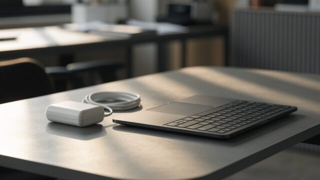 A graphite black laptop on an office desk next to a compact white power adapter with its cable neatly coiled