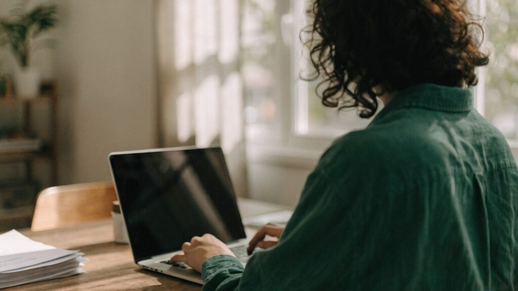 A person seen from behind working on a silver laptop in a bright home office