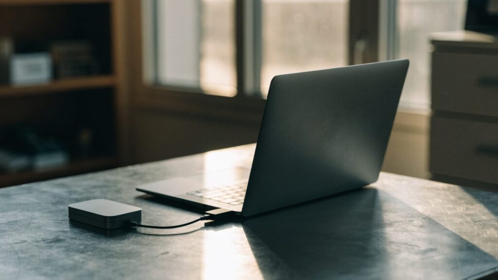 A small external hard drive connected by cable to a graphite black laptop on a workbench