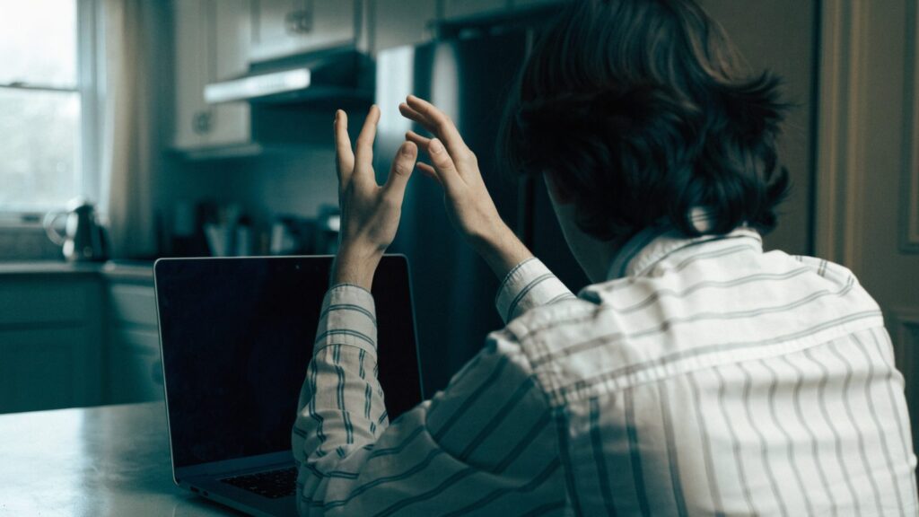 A person seen from behind with hands raised at a dark blue laptop with a dark blank screen on a kitchen table