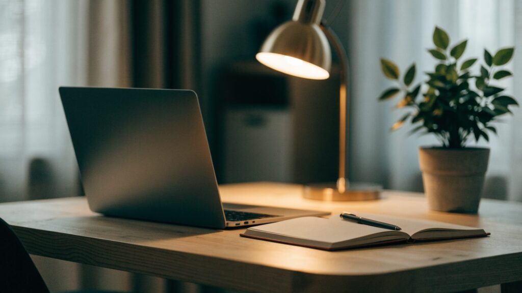 A tidy home office desk with a graphite black laptop