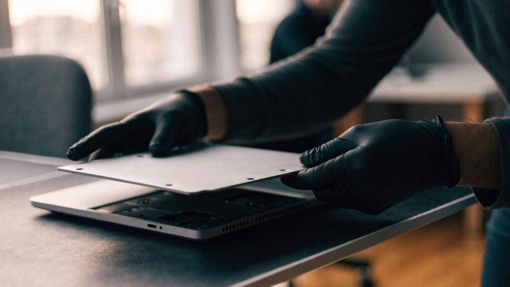 A technician lifting the bottom cover off a silver laptop on an anti-static mat