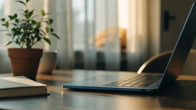 A tidy home office desk with a dark blue laptop