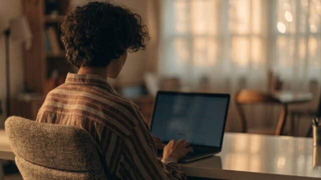 A person seen from behind working on a graphite black laptop in a bright home office