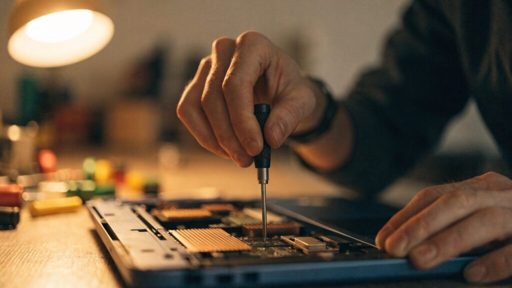 A technician's hands holding a small screwdriver over an opened dark blue laptop with internal components visi
