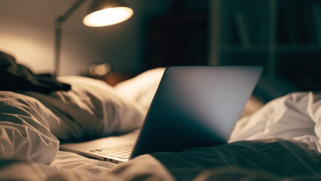 A matte grey laptop glowing softly on a bed in a dark room