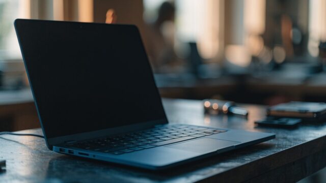 A dark blue laptop on a workbench with a completely dark blank screen