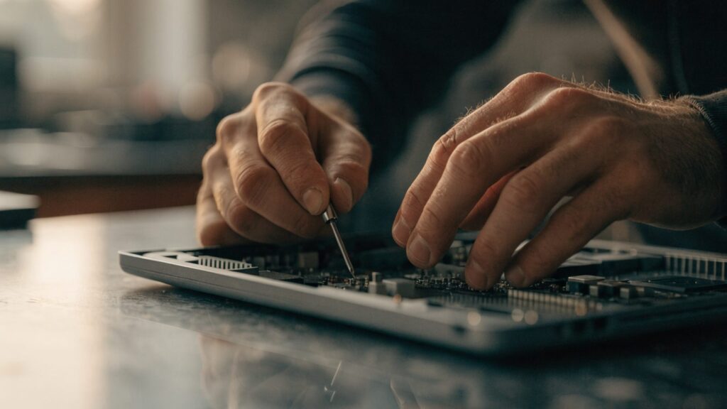 A technician's hands holding a small screwdriver over an opened matte grey laptop with internal components vis