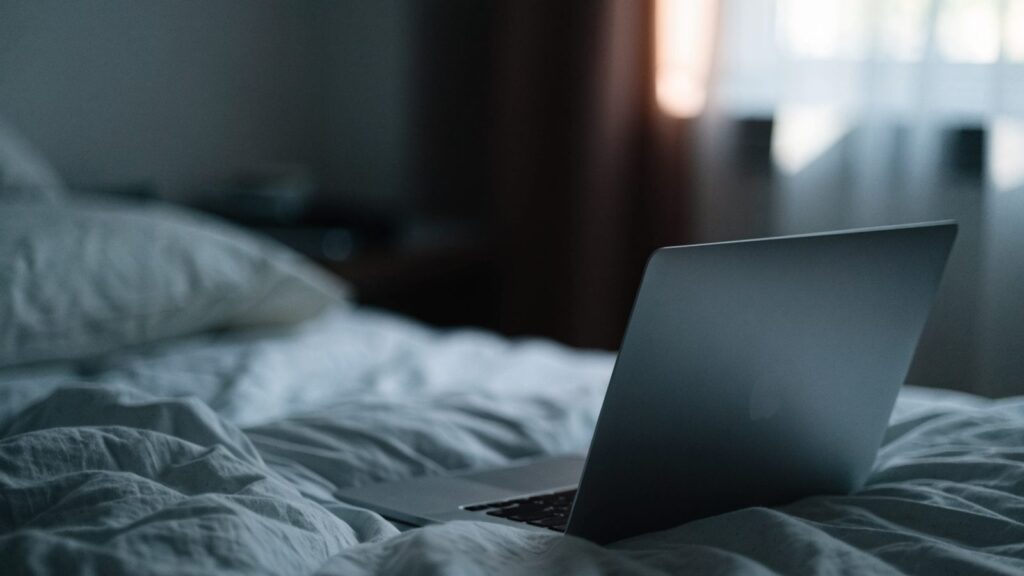 A matte grey laptop glowing softly on a bed in a dark room