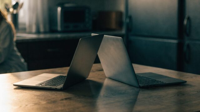 Two laptops side by side on a kitchen table as if being compared