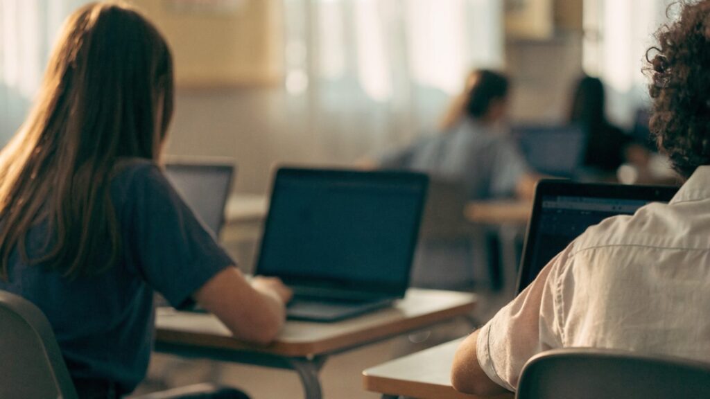 Students seen from behind working on laptops in a bright classroom