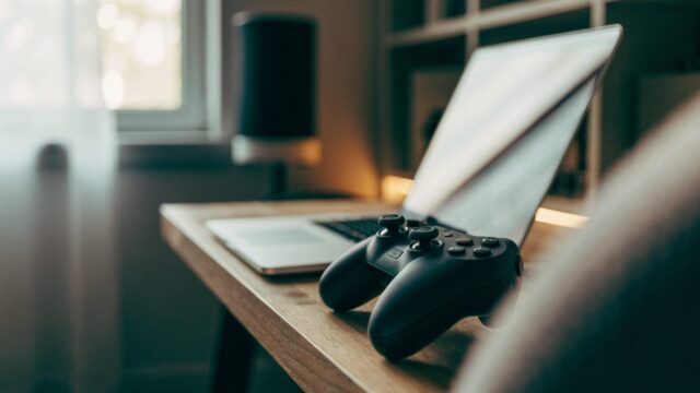 A game controller resting on a desk beside a silver laptop in a room with soft LED glow