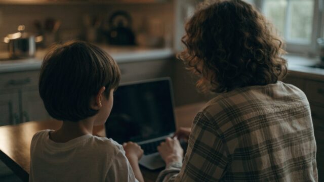 A parent and child seen from behind using a matte grey laptop together at a kitchen table