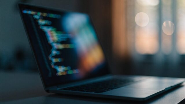 A matte grey laptop in a dim room