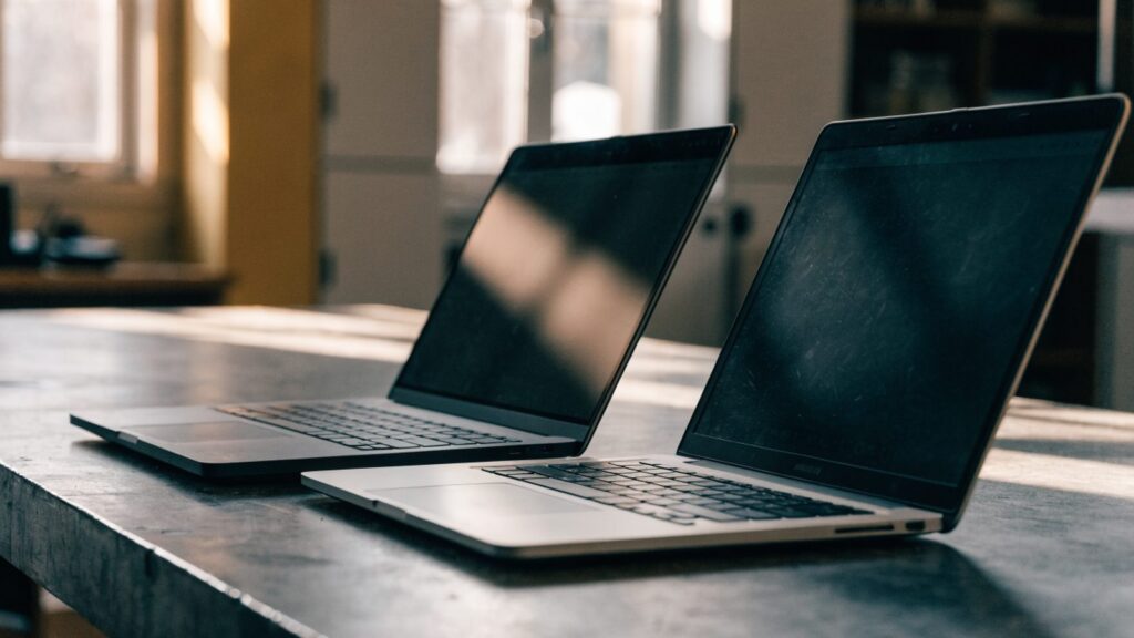 Two laptops side by side on a workbench as if being compared