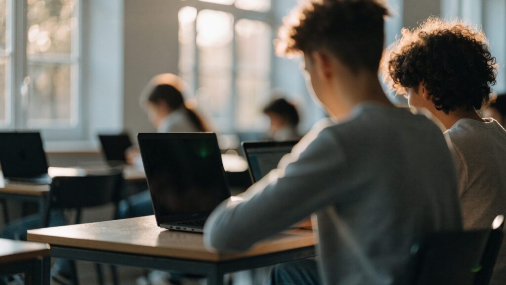 Students seen from behind working on laptops in a bright classroom