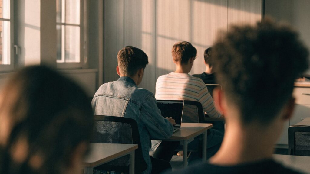 Students seen from behind working on laptops in a bright classroom