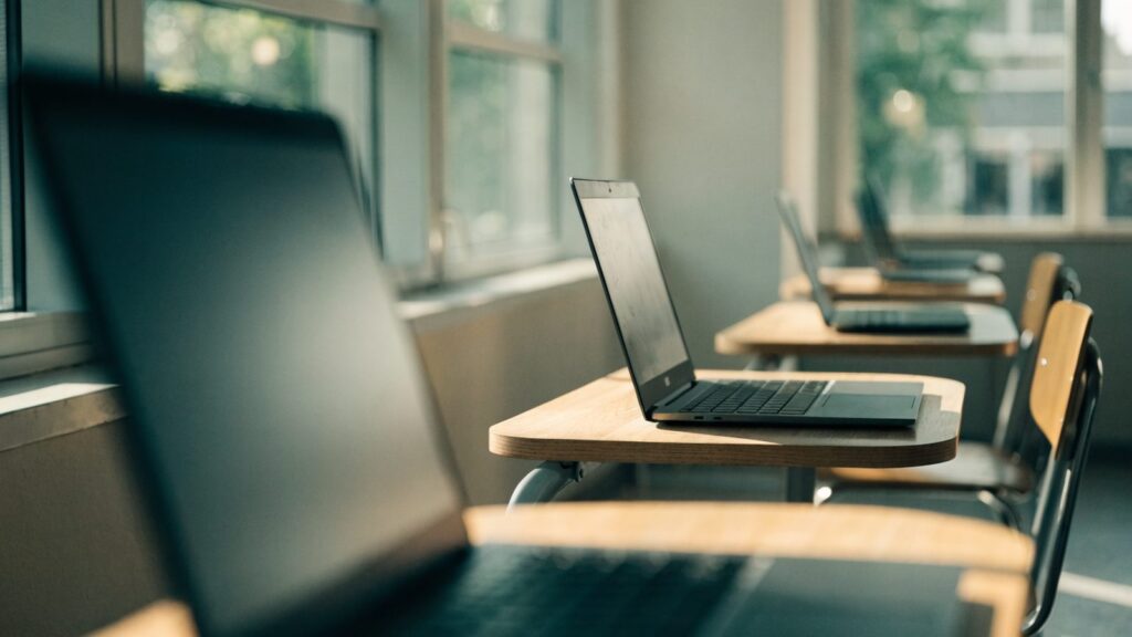 A row of laptops on desks in a school computer lab