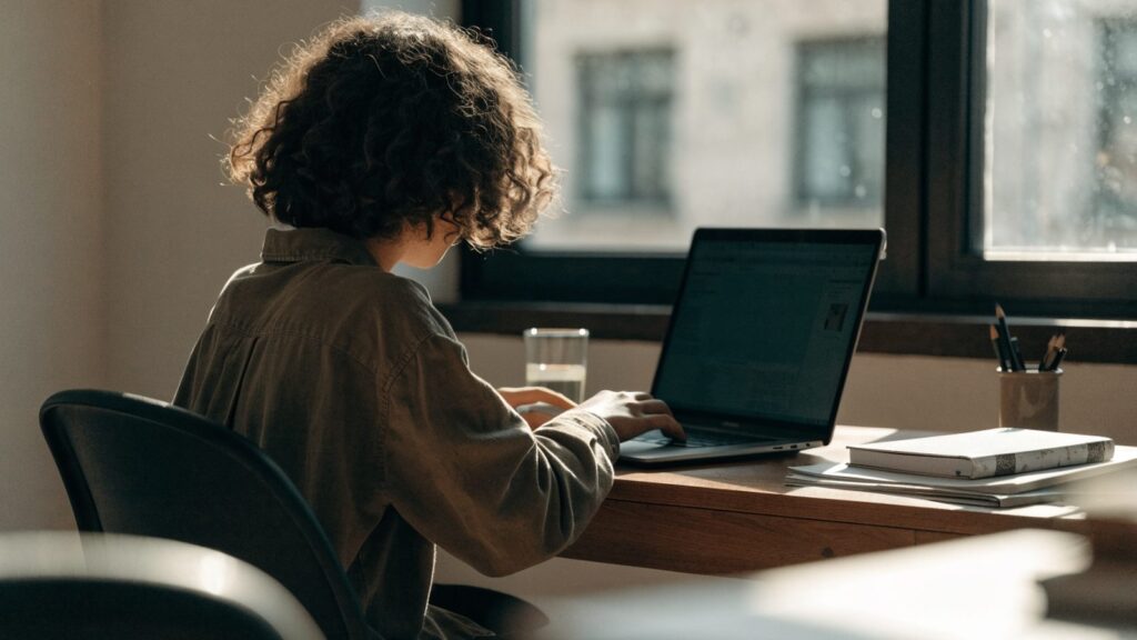 A teenager seen from behind doing homework on a graphite black laptop at a desk