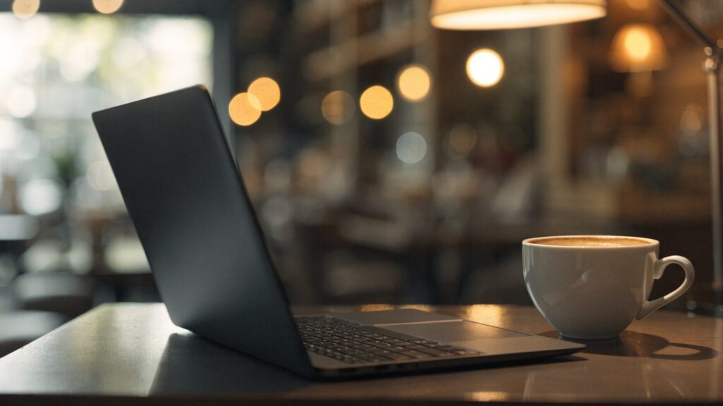 A graphite black laptop open on a cafe table beside a cup of coffee