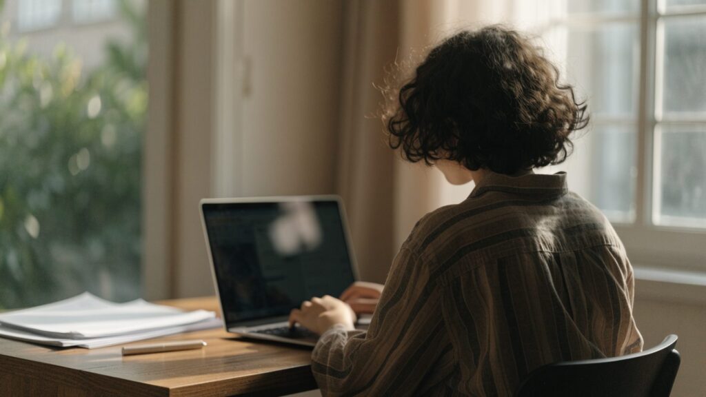 A teenager seen from behind doing homework on a graphite black laptop at a desk