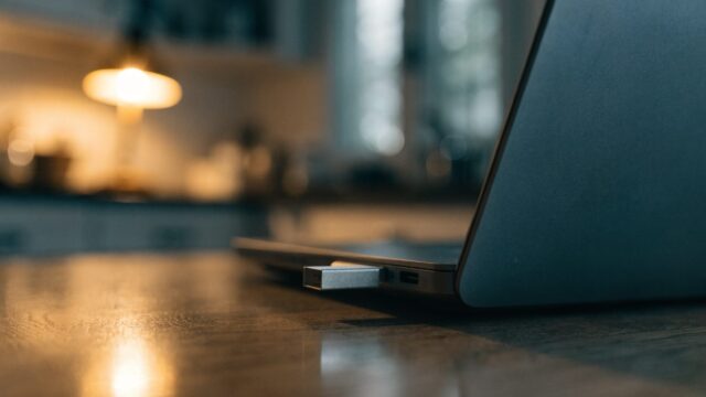 A USB flash drive plugged into the side port of a graphite black laptop on a kitchen table
