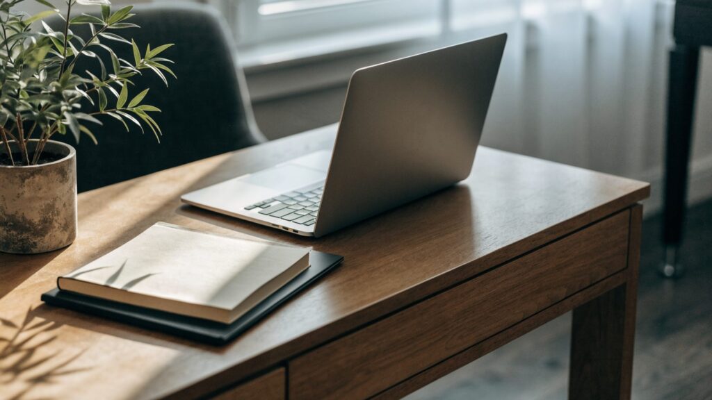 A tidy home office desk with a silver laptop