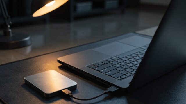 A small external hard drive connected by cable to a graphite black laptop on a dark desk mat