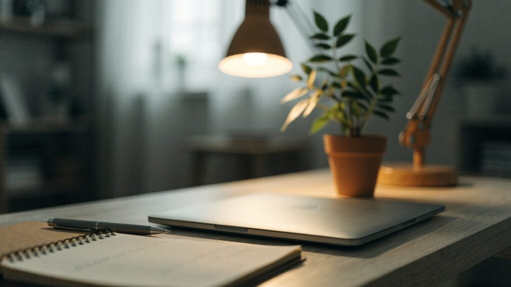 A tidy home office desk with a matte grey laptop
