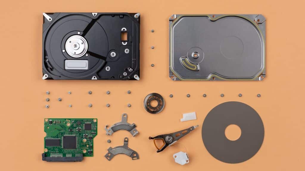 Parts of a hard disk belonging to computer hardware, exploded one by one and arranged