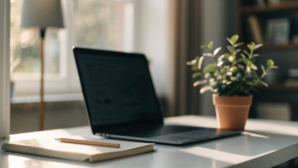 A tidy home office desk with a graphite black laptop