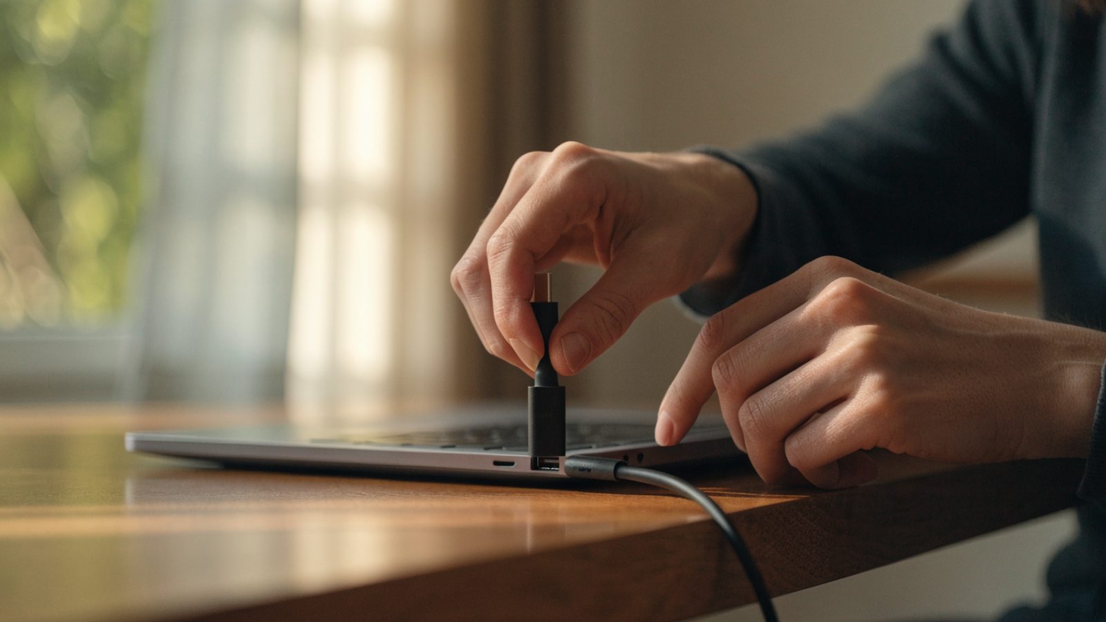 Hands unplugging a charging cable from a slim matte grey laptop on a wooden desk
