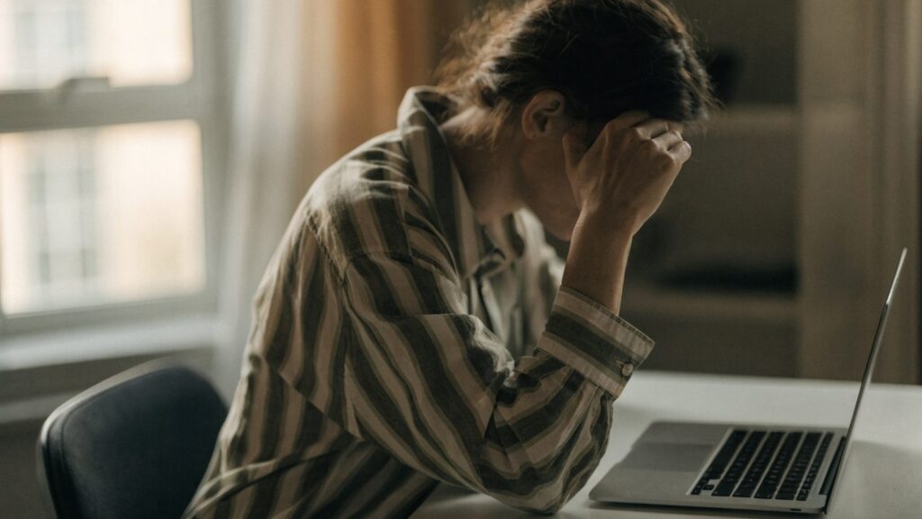 A person resting their forehead on one hand in front of a matte grey laptop on a white desk