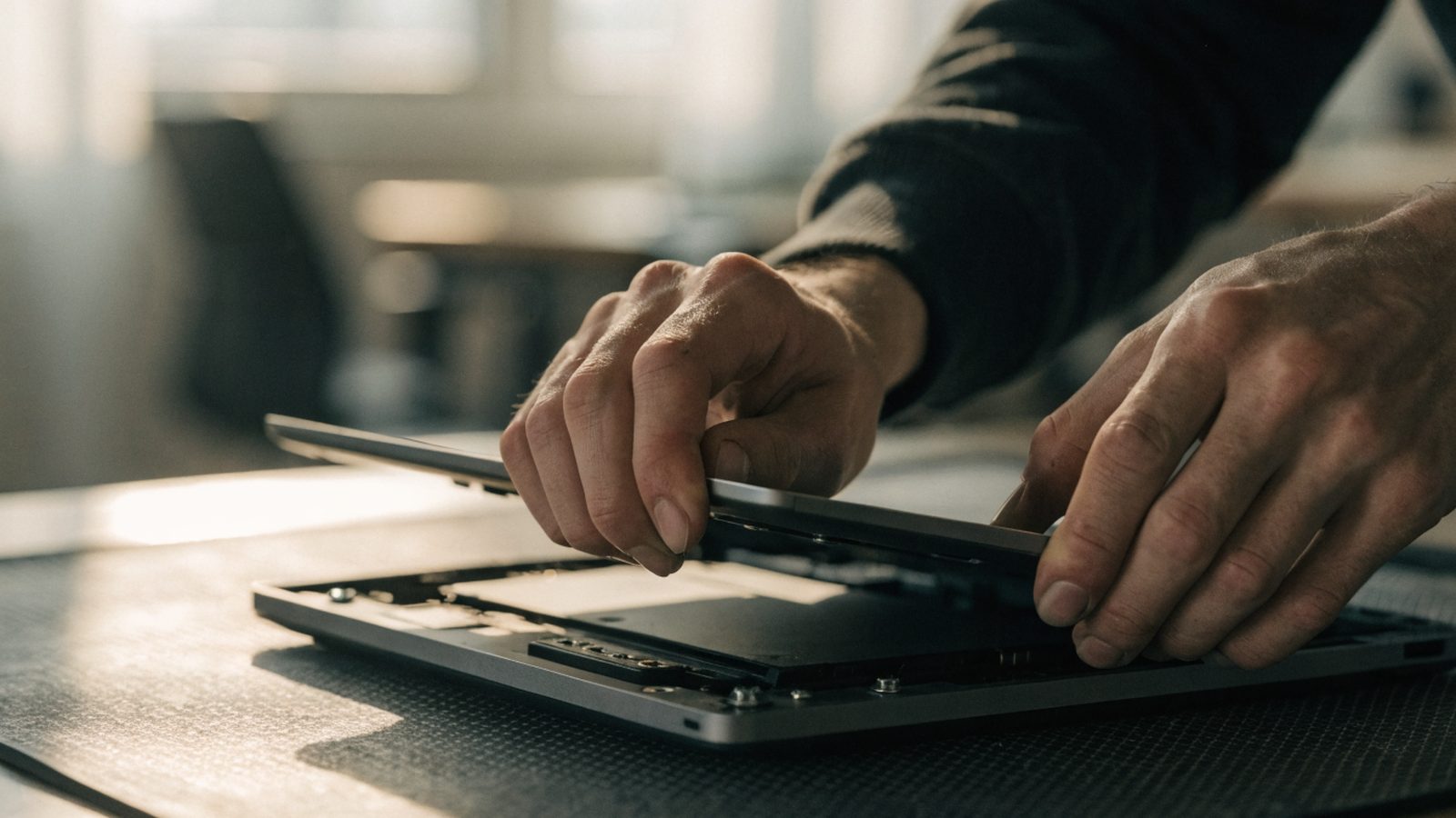 A technician lifting the bottom cover off a matte grey laptop on an anti-static mat