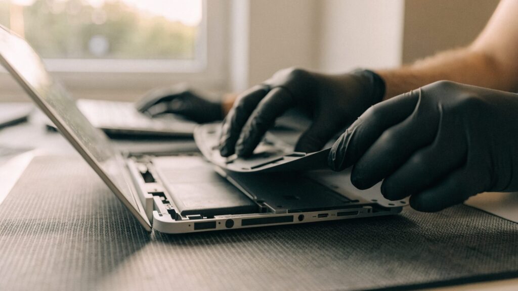 A technician lifting the bottom cover off a silver laptop on an anti-static mat