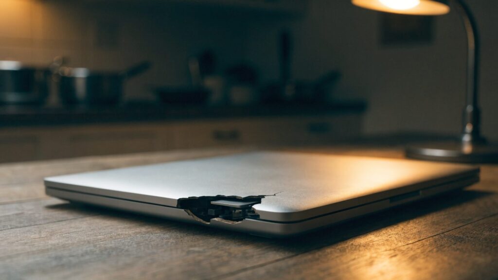 Close-up of a cracked corner on a closed silver laptop on a kitchen table