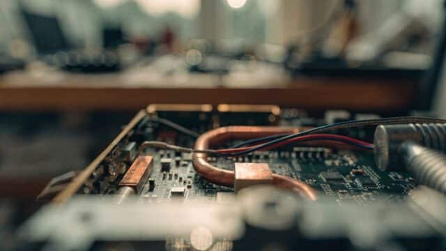 Close-up of a laptop motherboard with copper heat pipes during a repair