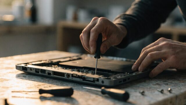 A technician's hands holding a small screwdriver over an opened matte grey laptop with internal components vis