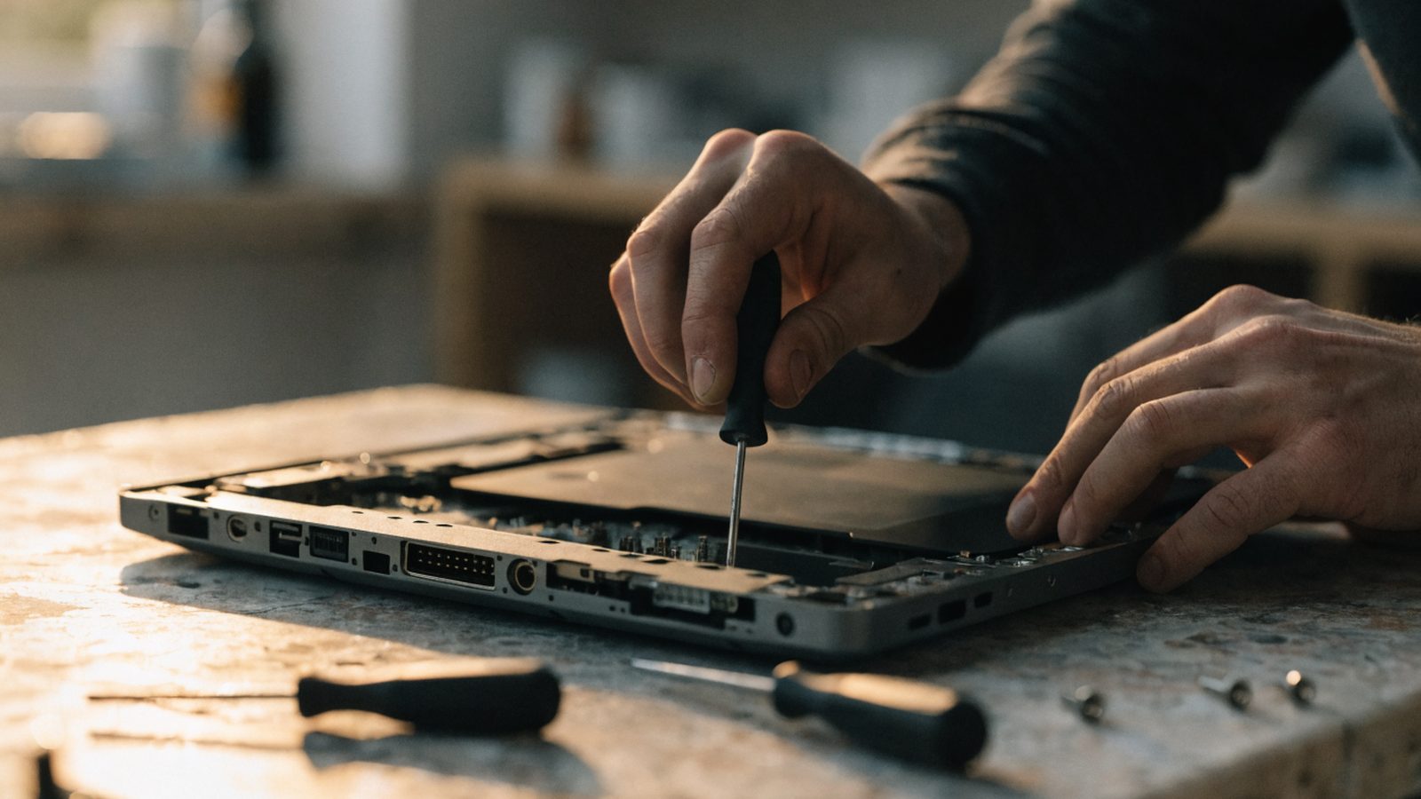 A technician's hands holding a small screwdriver over an opened matte grey laptop with internal components vis
