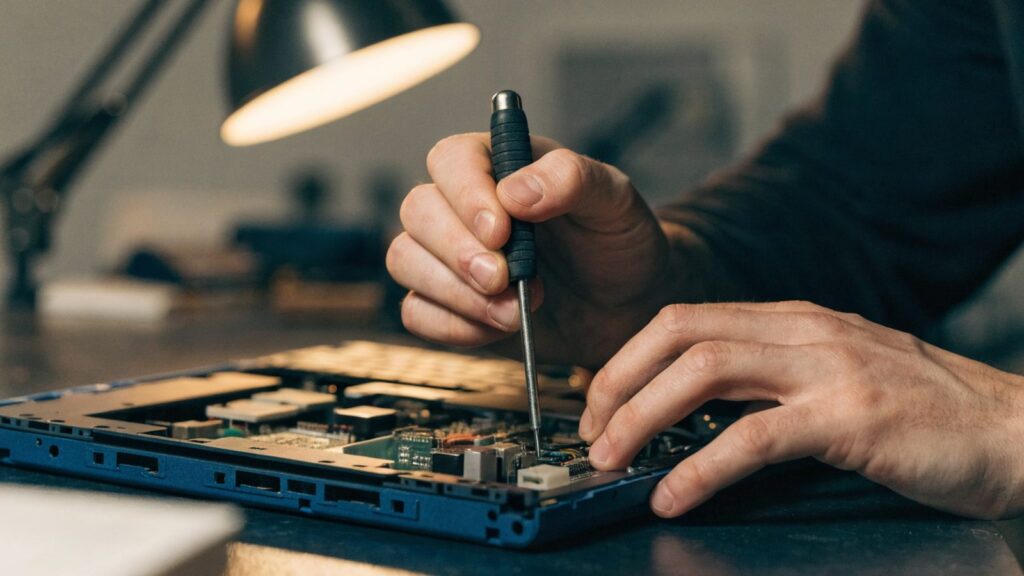 A technician's hands holding a small screwdriver over an opened dark blue laptop with internal components visi