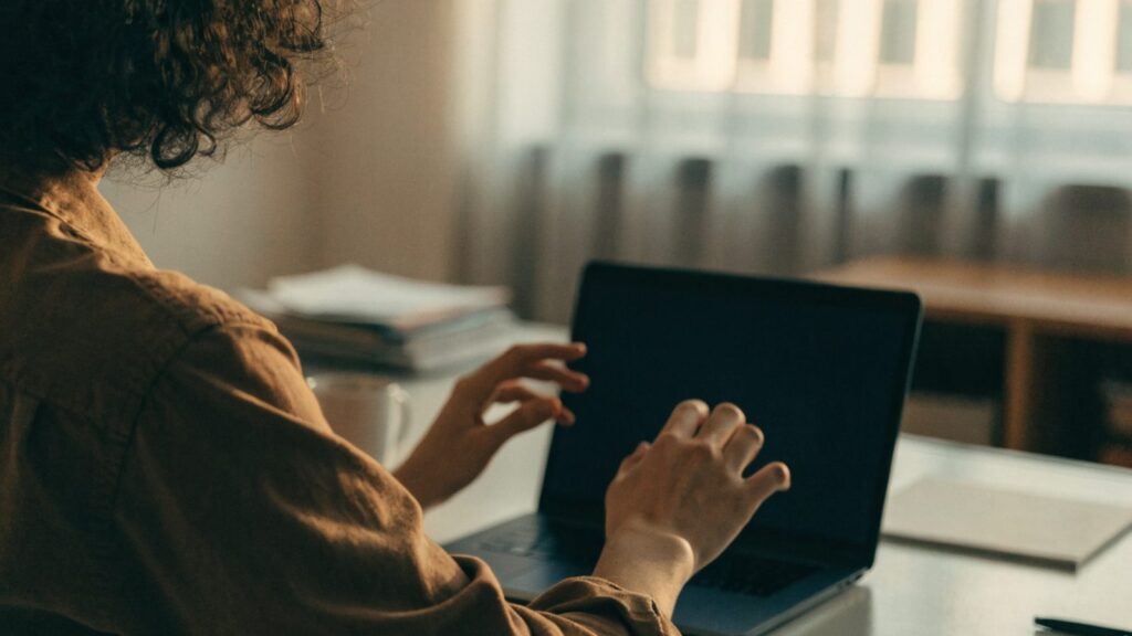 A person seen from behind with hands raised at a dark blue laptop with a dark blank screen on an office desk