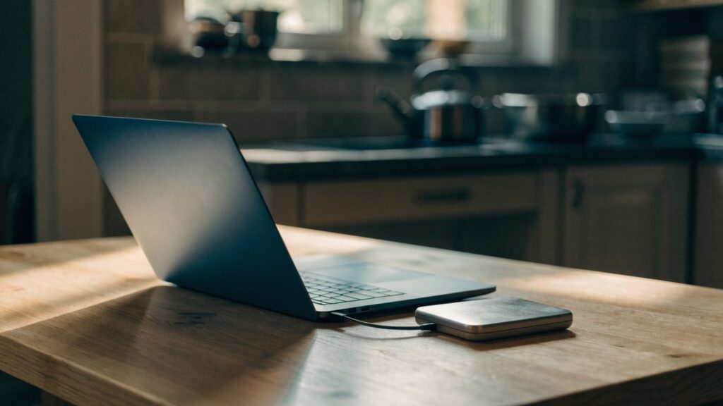 A small external hard drive connected by cable to a dark blue laptop on a kitchen table