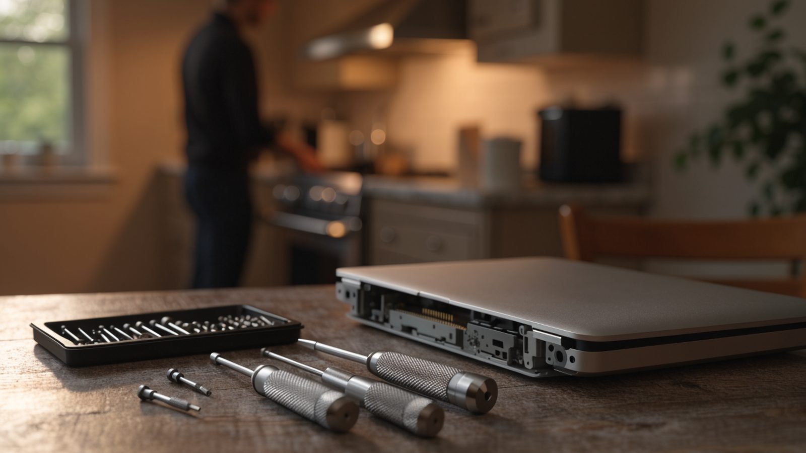 A precision screwdriver kit laid out beside a partially opened silver laptop on a kitchen table