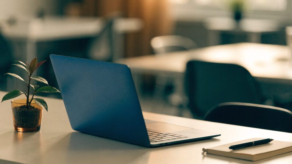 A dark blue laptop open on an office desk with a small plant and notebook beside it